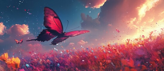 A large pink butterfly flies over a field of flowers at sunset.