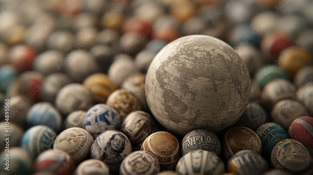 Poster a detailed close-up of a decorative globe surrounded by colorful currency balls representing global 