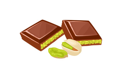Dubai chocolate bar with green kadayif and pistachios isolated. 
Vector cartoon flat illustration. Sweets icon.