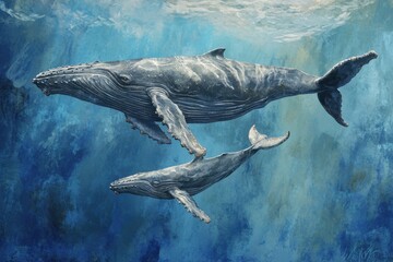 Fototapeta premium Majestic Humpback Whales Swimming Gracefully Underwater in a Vibrant Ocean Environment with Sunlight Filtering Through the Clear Blue Water