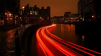 Fototapeta premium City canal at night with red light trails from moving vehicles.