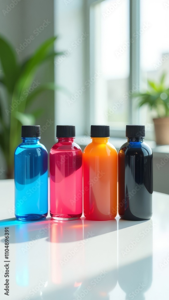Poster A row of colorful bottles with different colored liquids inside