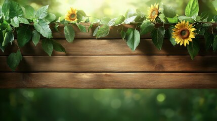 Rustic Wooden Sign Sunflowers Green Leaves Summer Background Copy Space