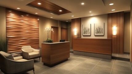 A modern and minimalist lobby with a wooden reception desk, two white armchairs, and a wood-paneled wall with a subtle wave pattern.