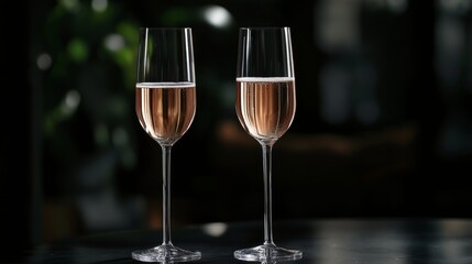 Elegant new year celebration background featuring two glasses of champagne with golden sparkling bokeh lights on a dark backdrop, perfect for festive holiday themes, party invitations, and luxurious s