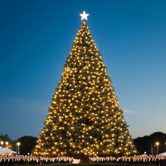 Illuminated Christmas tree at night, with people in the foreground.