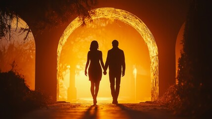 Fototapeta premium Silhouette of Couple Walking Through Archway in Warm Light