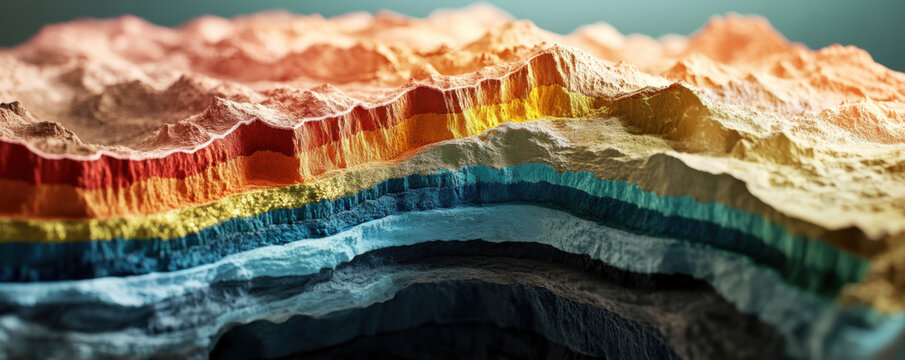 Layers of earth in cutaway model showing seismic activity and geological formations. vibrant colors represent different strata, creating visually striking representation of earth structure