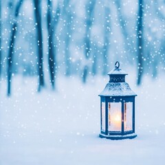 Illuminated lantern in snowy winter forest.