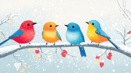Winter Birds on Snowy Branch: A Colorful Delight