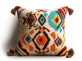 A colorful decorative pillow featuring vibrant geometric patterns and tassels, perfect for adding a bohemian touch to any space.