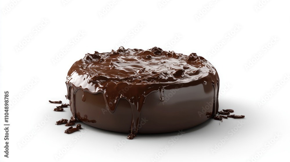 Poster 3d rendering of a whole round chocolate cake with rich chocolate frosting, smudges of liquid chocola