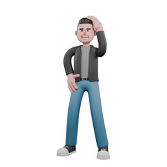 Professional Screenwriter Cartoon Design .  A male Screenwriter stands with one hand on his hip and the other on his head. Creative 3D Model