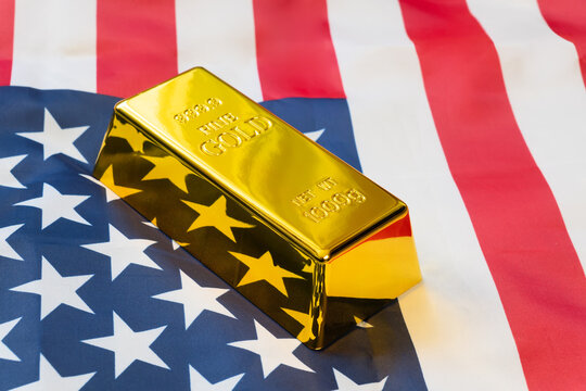gold bar is on the national flag of USA, united states Gold Reserve concept