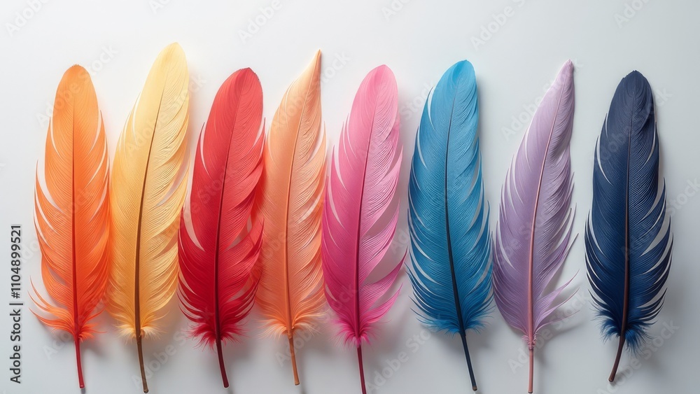 Poster A colorful array of feathers with a blue feather in the middle