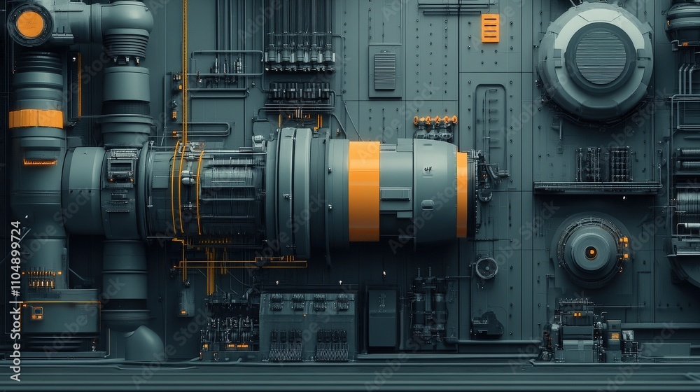 Poster industrial machinery background with pipes and orange accents, creating a futuristic and mechanical 