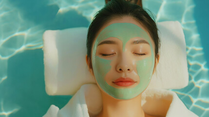 Asian young woman with cosmetological green mask on her face and closed eyes lays in the spa in white robe for beauty procedures