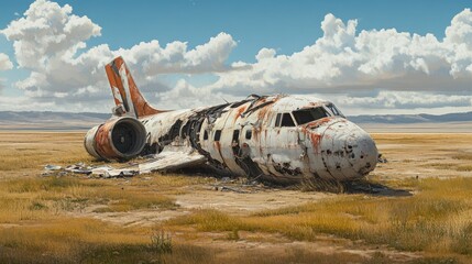 A crashed airplane in a desolate field, with a wrecked fuselage and twisted metal. An aircraft accident aftermath.