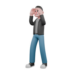 Screenwriter 3D Cartoon Model Design.  A male Screenwriter stands with both hands in front of his forehead, looking far away. 3D Design