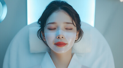 Asian young woman with cosmetological white mask on her face and closed eyes lays in the spa in white robe for beauty procedures