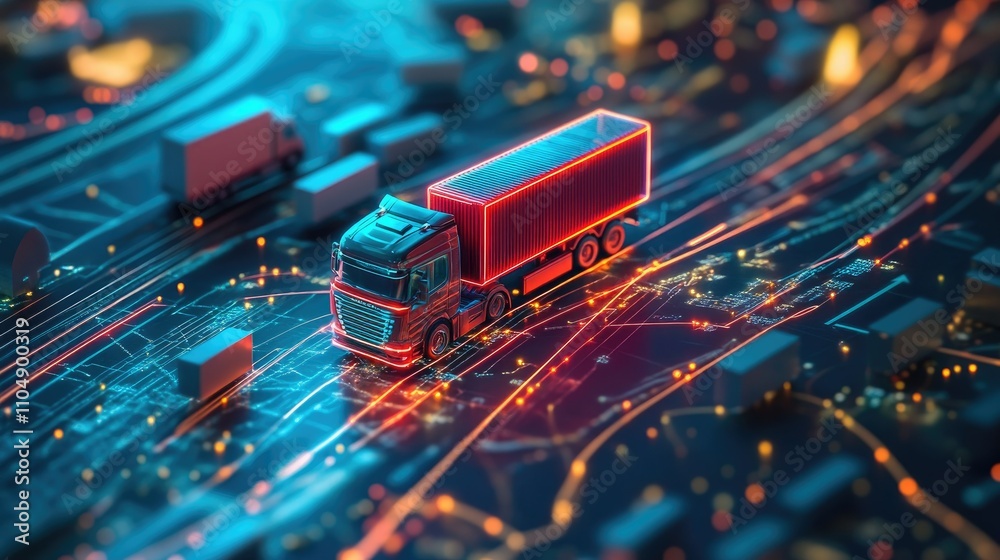 Poster a digital map with neon route lines and a miniature toy truck in motion, representing advanced logis