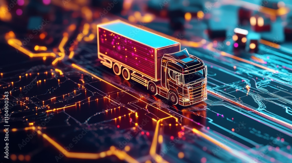 Poster a digital map with neon route lines and a miniature toy truck in motion, representing advanced logis