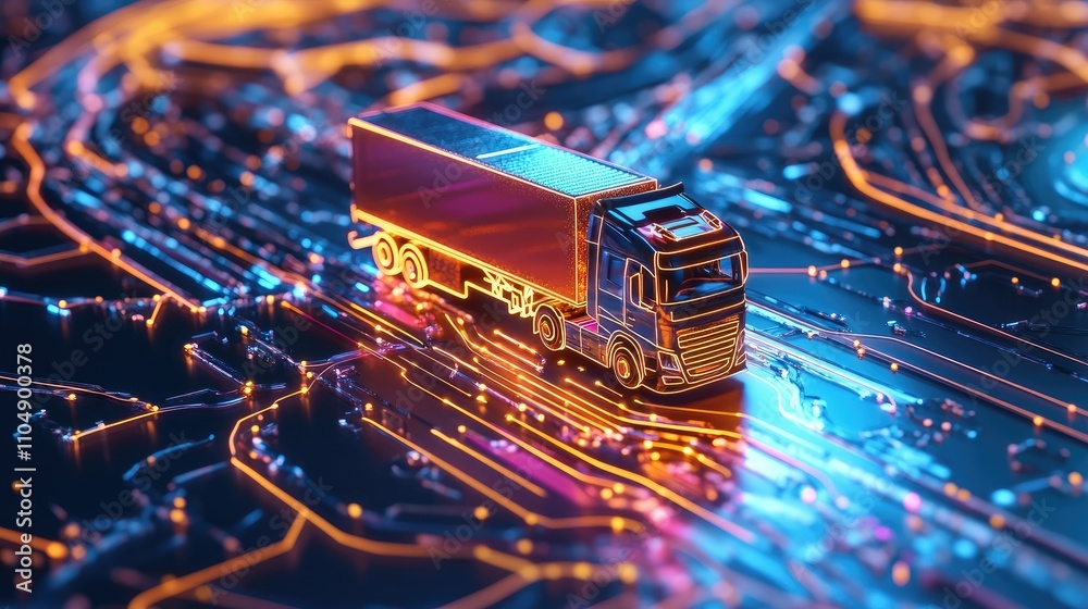 Poster a digital map with neon route lines and a miniature toy truck in motion, representing advanced logis