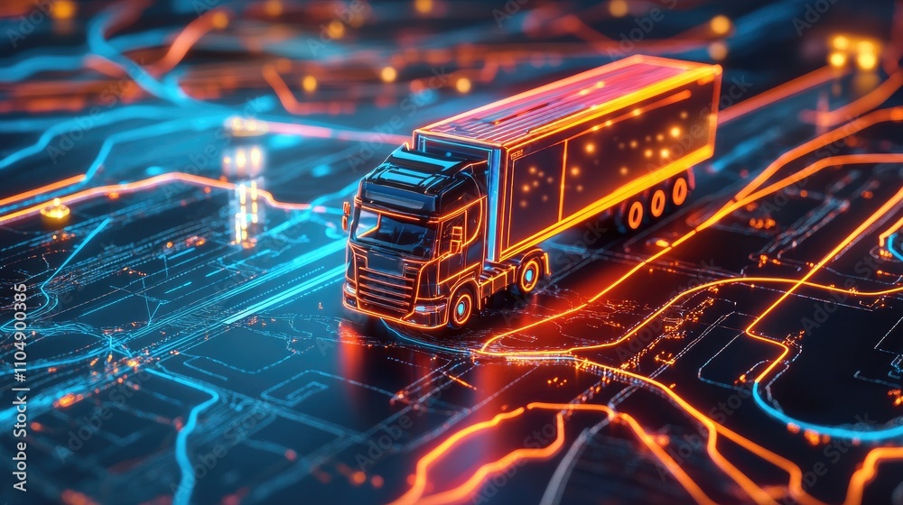 Poster a digital map with neon route lines and a miniature toy truck in motion, representing advanced logis