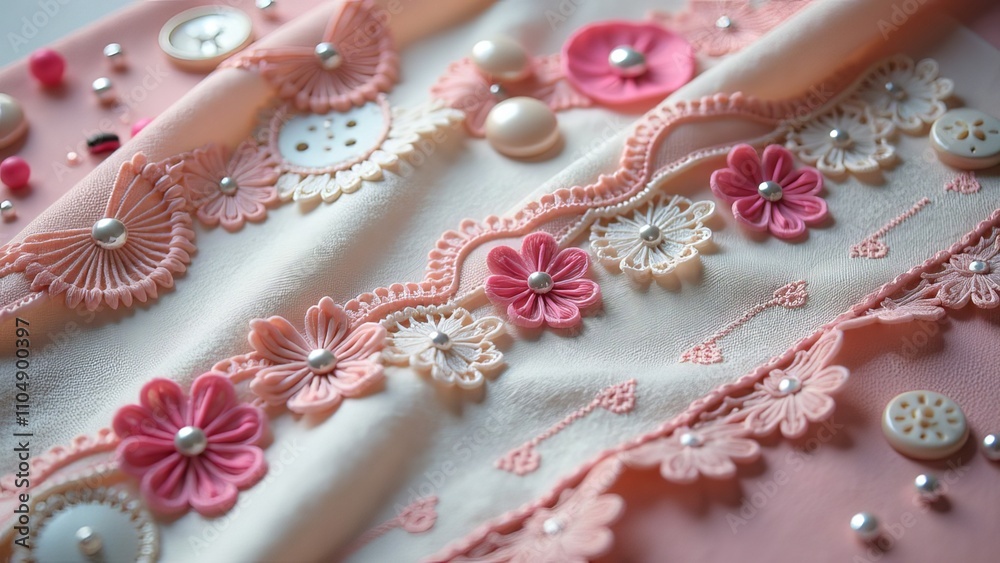 Aufkleber a close up of buttons and lace with a pink background