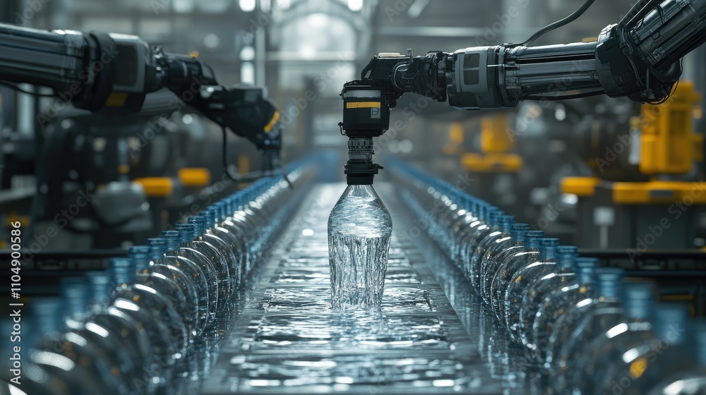 Aufkleber a factory production line with water being poured into plastic bottles, robotic arms and machinery e