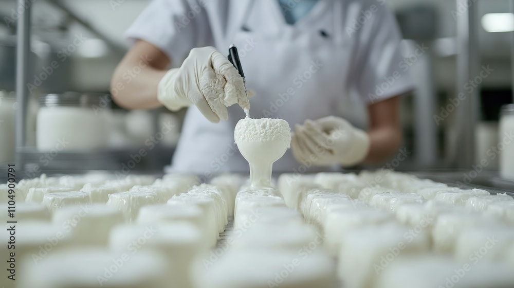 Poster a food scientist at a dairy factory testing milk samples, ensuring the quality and purity of dairy p