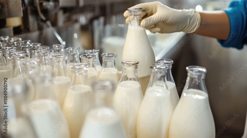 Poster a food scientist at a dairy factory testing milk samples, ensuring the quality and purity of dairy p