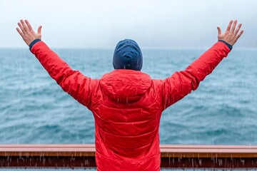 A touching photo of a person waving goodbye to a loved one at the end of a pier