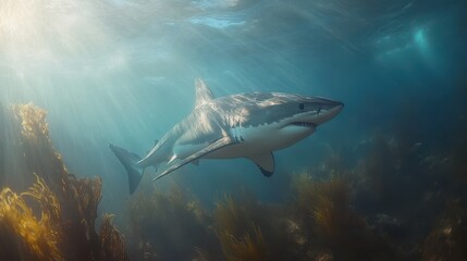 Stunning Underwater Shot of a Great White Shark Swimming Gracefully Through Sunlit Ocean Waters Surrounded by Vibrant Kelp Forest and Playful Sun Rays