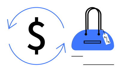 Dollar sign encircled by arrows next to a blue handbag with a price tag. Ideal for e-commerce, retail, shopping, sales, consumerism, product return policies, business models. Line metaphor
