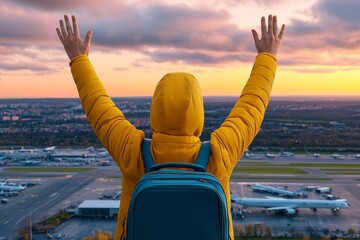Fototapeta premium A warm photo of a person waving goodbye at an airport departure gate, surrounded by luggage