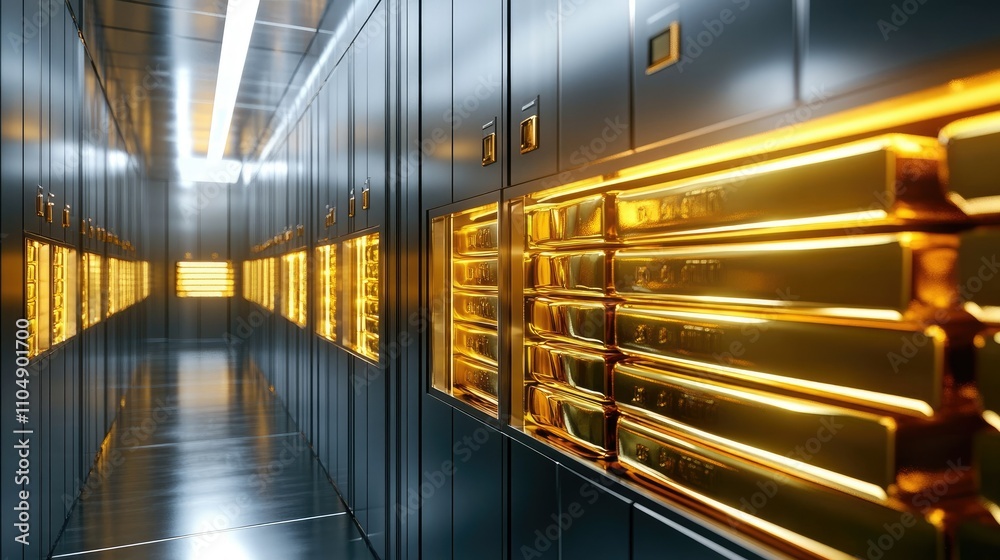 Poster a luxurious bank vault with rows of golden ingots inside open safe deposit lockers, highlighting hig