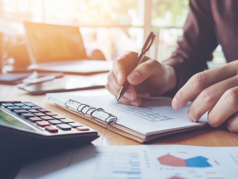 Budget restrictions, person calculating expenses on a notepad