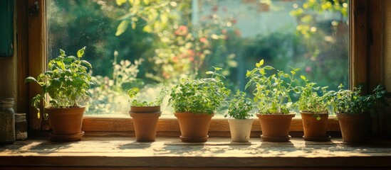 Row of potted plants on a window sill, with a garden view.
