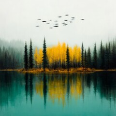 Misty lake reflecting autumn trees and birds.