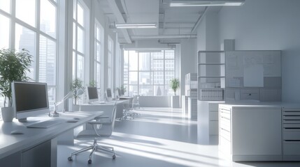 Fototapeta premium Modern corporate open office in minimalist modern design in whites and greys, empty office workstations.