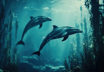Fototapeta premium Two Dolphins Swimming Gracefully Through Sunlit Ocean Waters Surrounded by Lush Underwater Vegetation and Air Bubbles in an Ethereal Marine Environment