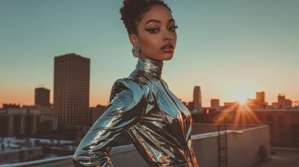 Striking Fashion Shoot of Woman in Metallic Silver Outfit at Sunset