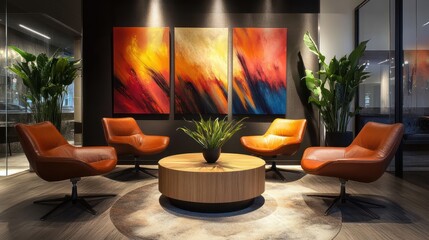 Modern lobby with three abstract paintings, brown leather chairs, and a round wooden coffee table.