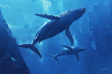 Fototapeta premium Two majestic humpback whales swim gracefully through the deep blue ocean, showcasing their size and beauty amidst vibrant marine life and stunning underwater scenery.