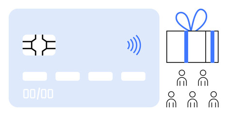 Credit card with chip and contactless symbol, gift box with blue ribbon, and six-person group. Ideal for finance, shopping, rewards, banking, social gatherings online payment holidays. Line