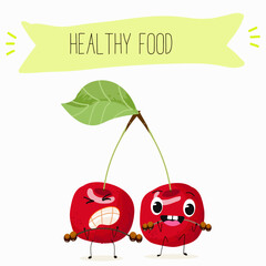 Cute cherry characters, funny berries, activities, leisure. Hand drawn vector illustration. Organic food, healthy, for kids menu, flyer, advertisement, wrap, label, invitation.