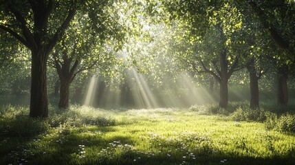 Obraz premium A serene forest scene bathed in soft sunlight, with rays of light filtering through the lush green leaves of deciduous trees. The ground is covered in vibrant green grass interspersed with small white