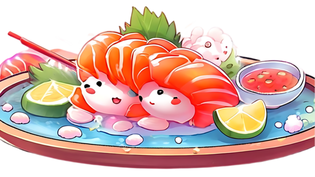 A plate of sushi with colorful fish, a sauce, and lime slices. Cute cartoon characters are on top