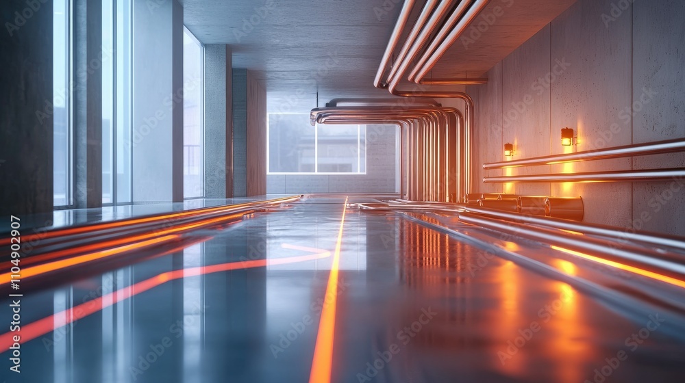 Poster a professional layout of hydronic heating pipes on a building floor, displaying an advanced underflo